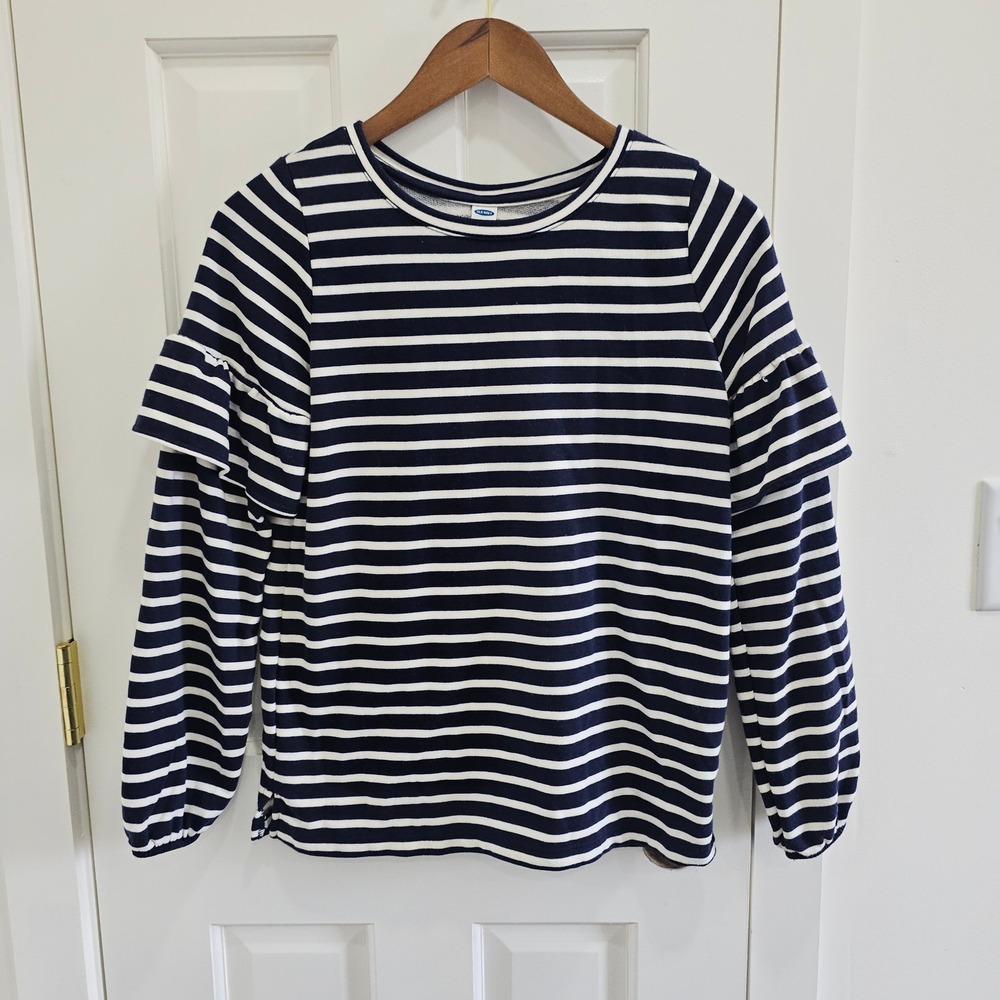 Old Navy Womens XS Navy White Striped Ruffle Sleeve Sweatshirt French Terry Top